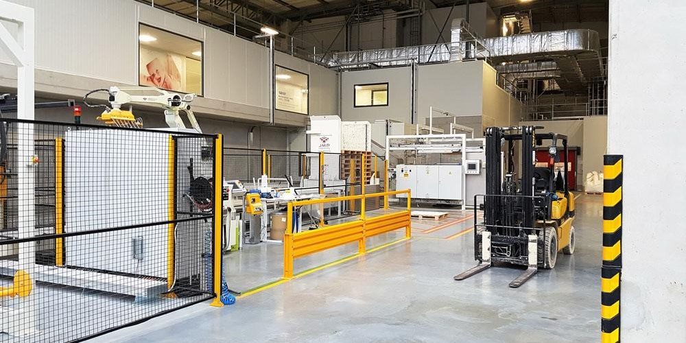 forksafe-safety-barrier A DexSafe ForkSafe safety barrier installed in a warehouse next to a forklift